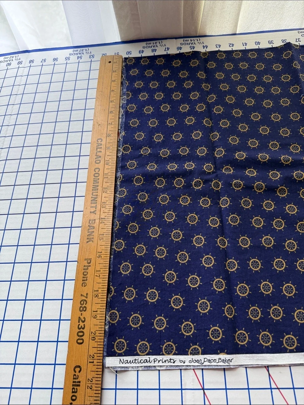 Vintage Joan Pace Baker Nautical Prints Cotton Fabric Ship Wheel Navy Gold